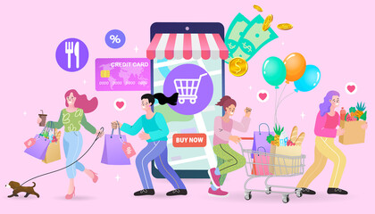 A giant smartphone app acts as a storefront for a diverse group of women shopping for groceries, fashion, and food. This scene symbolizes a complete e-commerce ecosystem.