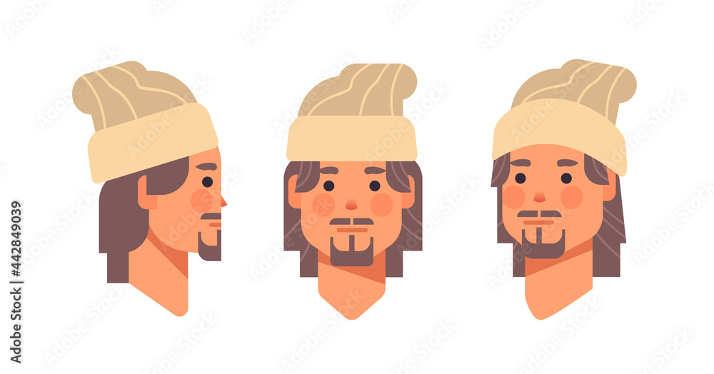 Poster set guy head avatar front side view male cartoon character different views for animation horizontal 