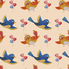 Seamless patterns. Decorative blue flying bird and yellow chick on a light yellow background. Watercolor. Illustration Hand drawing for design, decor, textiles, wallpaper, packaging, kids collection