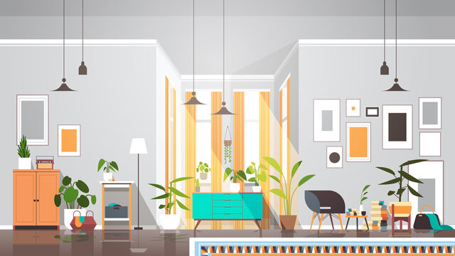 empty no people living room interior modern apartment with furniture horizontal