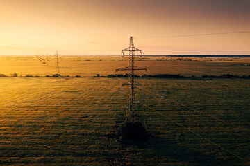 Electricity industry. Aerial view of a national electrical power cable line scaffolding during a...