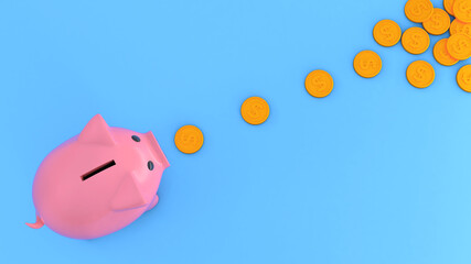 Pink piggy bank and gold coins on a blue background. The concept of finding the right money accumulation system. 3d render