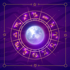 Zodiac symbols wheel glowing signs and moon inside. Astrology prediction banner, poster, card, background in purple colors. Love horoscope template vector illustration