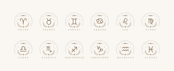 Zodiac signs in boho style. Set of astrological icons isolated on white background. Mystery and esoteric. Horoscope logo vector illustration. Spiritual tarot card. - obrazy, fototapety, plakaty