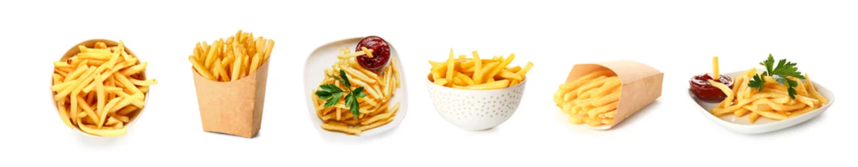 Leckere Pommes Frites mit Tomatensauce auf weißem Hintergrund © Pixel-Shot