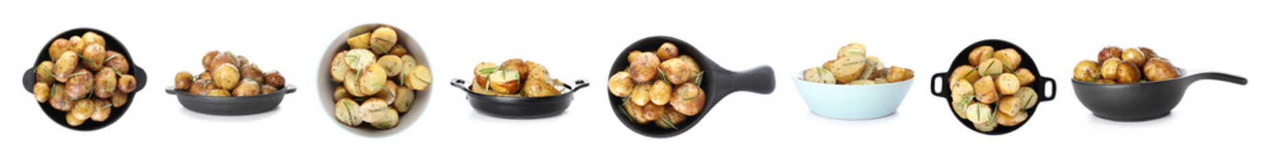 Tasty baked potatoes on white background