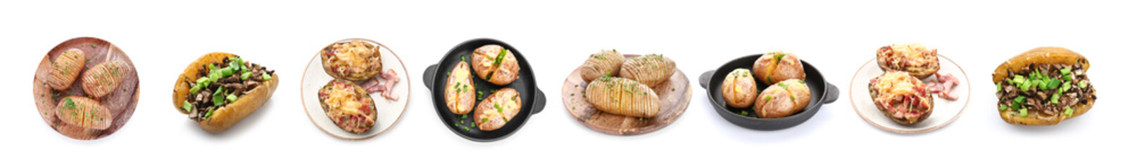 Different potato dishes on white background
