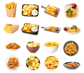 Different potato dishes on white background
