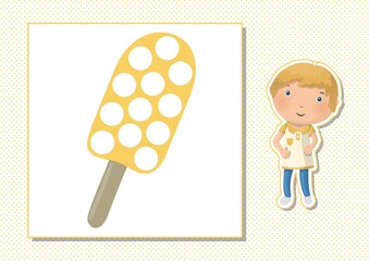 Educational children game, vector illustration. Match by color. Printable worksheet. Finger painting, coloring. Yellow ice cream.