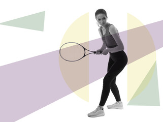 Toned portrait of sporty female tennis player on white background