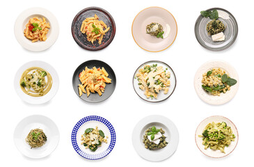 Plates with different tasty pasta on white background
