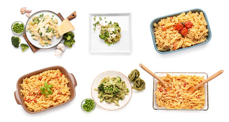 Different tasty pasta on white background