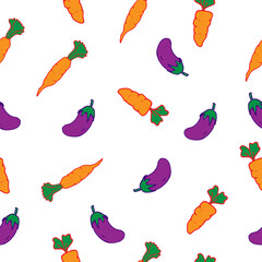 seamless pattern with vegetable, carrot and eggplant illustration on white background. hand drawn vector. doodle art for wallpaper, backdrop, fabric, textile, wrapping paper and gift. fresh vegetable.