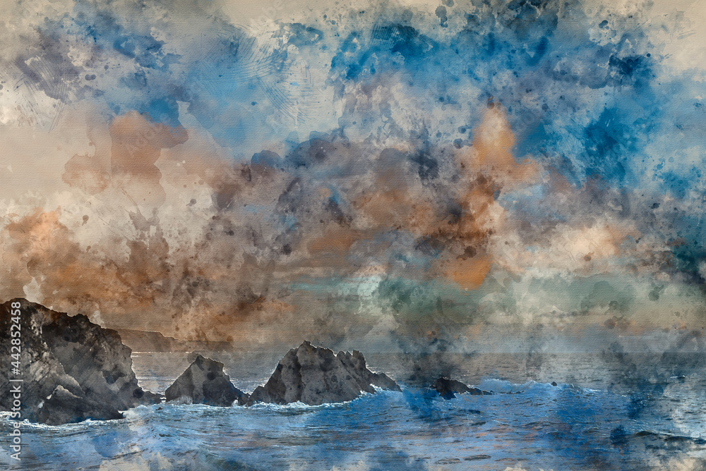 Wall mural digital watercolour painting of stunning landscape image of view from hartland quay in devon england