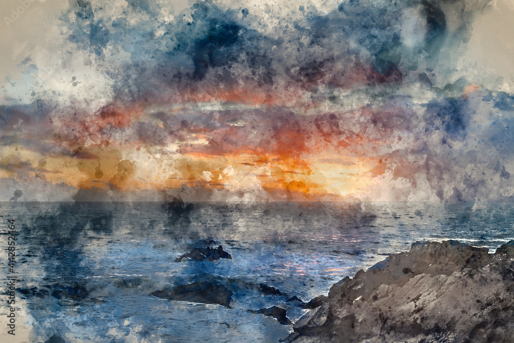 Wall mural digital watercolour painting of stunning landscape image of view from hartland quay in devon england