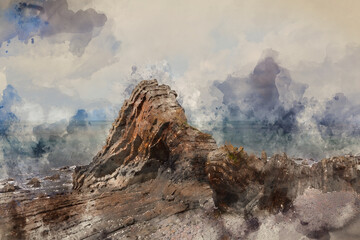 Digital watercolour painting of Stunning aerial drone flying landscape image of Blackchurch Rock on Devonian Geological formation