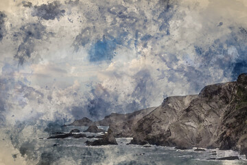 Digital watercolour painting of Stunning fine art landscape image of view from Hartland Quay in Devon England durinbg moody Spring sunset