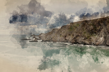 Digital watercolour painting of Stunning fine art landscape image of view from Hartland Quay in Devon England durinbg moody Spring sunset