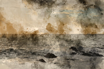 Digital watercolour painting of Stunning fine art landscape image of view from Hartland Quay in Devon England durinbg moody Spring sunset