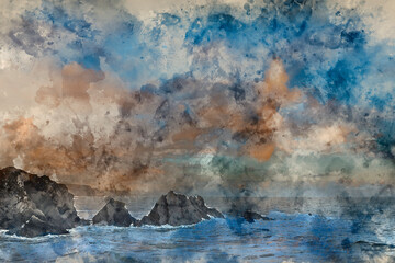 Digital watercolour painting of Stunning landscape image of view from Hartland Quay in Devon England durinbg moody Spring sunset