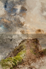 Digital watercolour painting of Stunning landscape image of view from Hartland Quay in Devon England durinbg moody Spring sunset