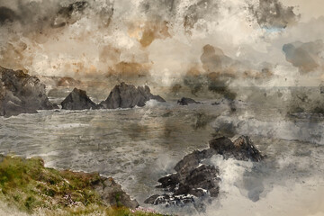 Naklejka na ściany i meble Digital watercolour painting of Stunning landscape image of view from Hartland Quay in Devon England durinbg moody Spring sunset