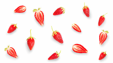 different bright strawberries on a white background