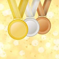 set of medals on golden bokeh background with confetti