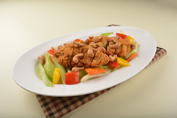 deep fried chicken cutlet chop with cashew nut and vegetables main course asian halal menu