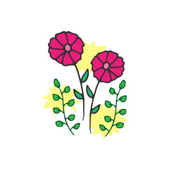 two pink flowers with leaves illustration on white background. hand drawn vector. beautiful flower with yellow light. doodle art for wallpaper, logo, sticker, clipart, poster, greeting and invitation.