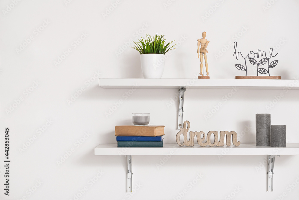 Wall mural book shelves with decor hanging on light wall