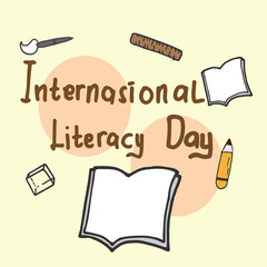 international literacy day-hand drawn lettering. international world event. knowledge and education. hand drawn vector. brown color background. doodle art poster, banner, badge, cover, postcard. 