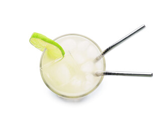 Glass of cold green tea on white background