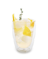 Glass of cold green tea on white background