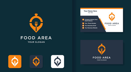 food area logo, location pin, fork, tray and business card