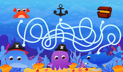 Obraz na płótnie Canvas Marine life worksheet for children with colourful underwater fauna and flora, whale and octopus, find way to treasure in cartoon style, riddle for kids