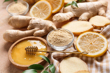 Composition with ginger, honey and lemon on color background