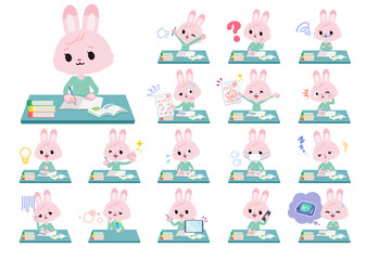 勉強に関するうさぎの女の子のセット