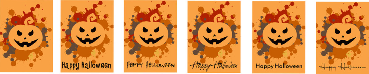 Collection of artistic (posters) greeting cards with text Happy Halloween. Pumpkin against the background of colored blots (spots)