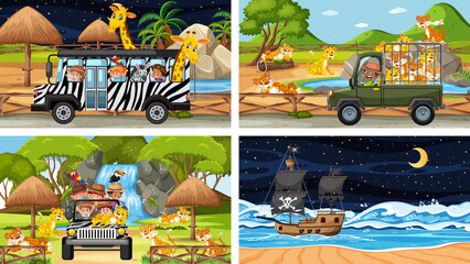 Set of different scenes with animals in the zoo and pirate ship at the sea
