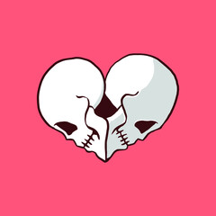 head skull couple illustrated in heart or love. romantic gothic doodle vector illustration for graphic element, tattoo, sticker, etc.