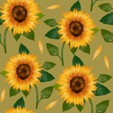 The pattern of a sunflower with leaves, its petals have flown away on an olive-colored background. Can be used for your design.