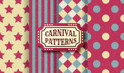 Set of carnival retro vintage seamless patterns. Textured old fashioned circus wallpaper templates. Collection of vector texture background tiles. For parties, birthdays, decorative elements.