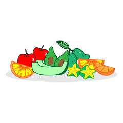 set of fruits illustration on white background. red apple, orange sliced, star fruit, mango and avocado icon. hand drawn vector. doodle art for wallpaper, poster, banner, sticker, clipart, advertising
