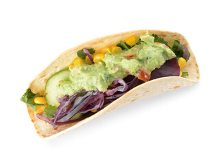 Taco and tasty guacamole on white background