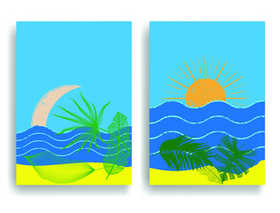 Fototapeta na wymiar Minimal design element . Sun, sand beach , tropical leaves and blue abstract waves . Sunset logo element. Bohemian art . Vector illustration. 