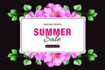 Colorful watercolor background with flowers. Style with a copy for text. The backdrop for greeting cards, sales, advertisements, invitations, posters, banners, and placards.