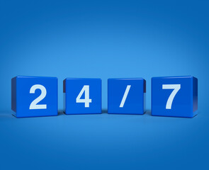 3d rendering, illustration of 247 letter on block cubes on blue blackground, Business full time service concept