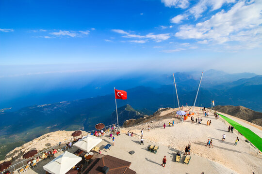 Tahtalı Dağı, also known as Lycian Olympus, is a Taurus mountain near Kemer, Blue sky background.