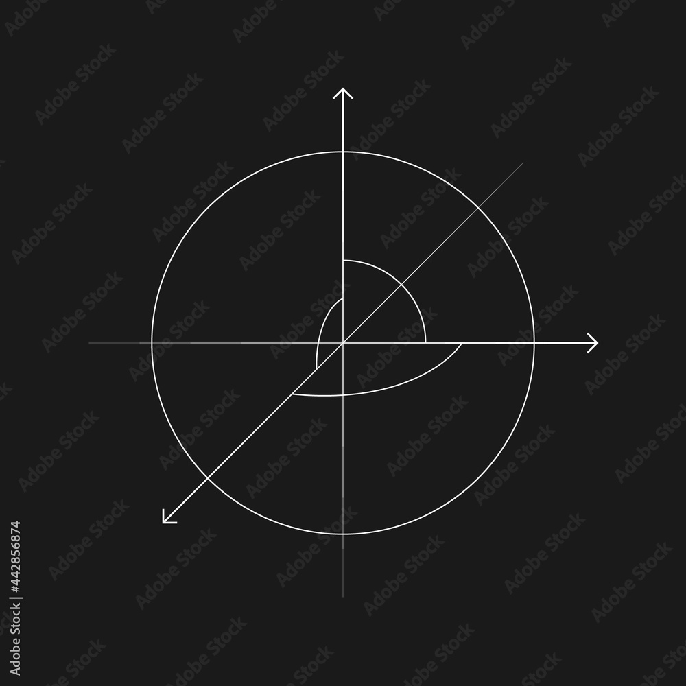Poster retrofuturistic drawing of 3d space in the form of a circle with three axes. 80s style cyber element